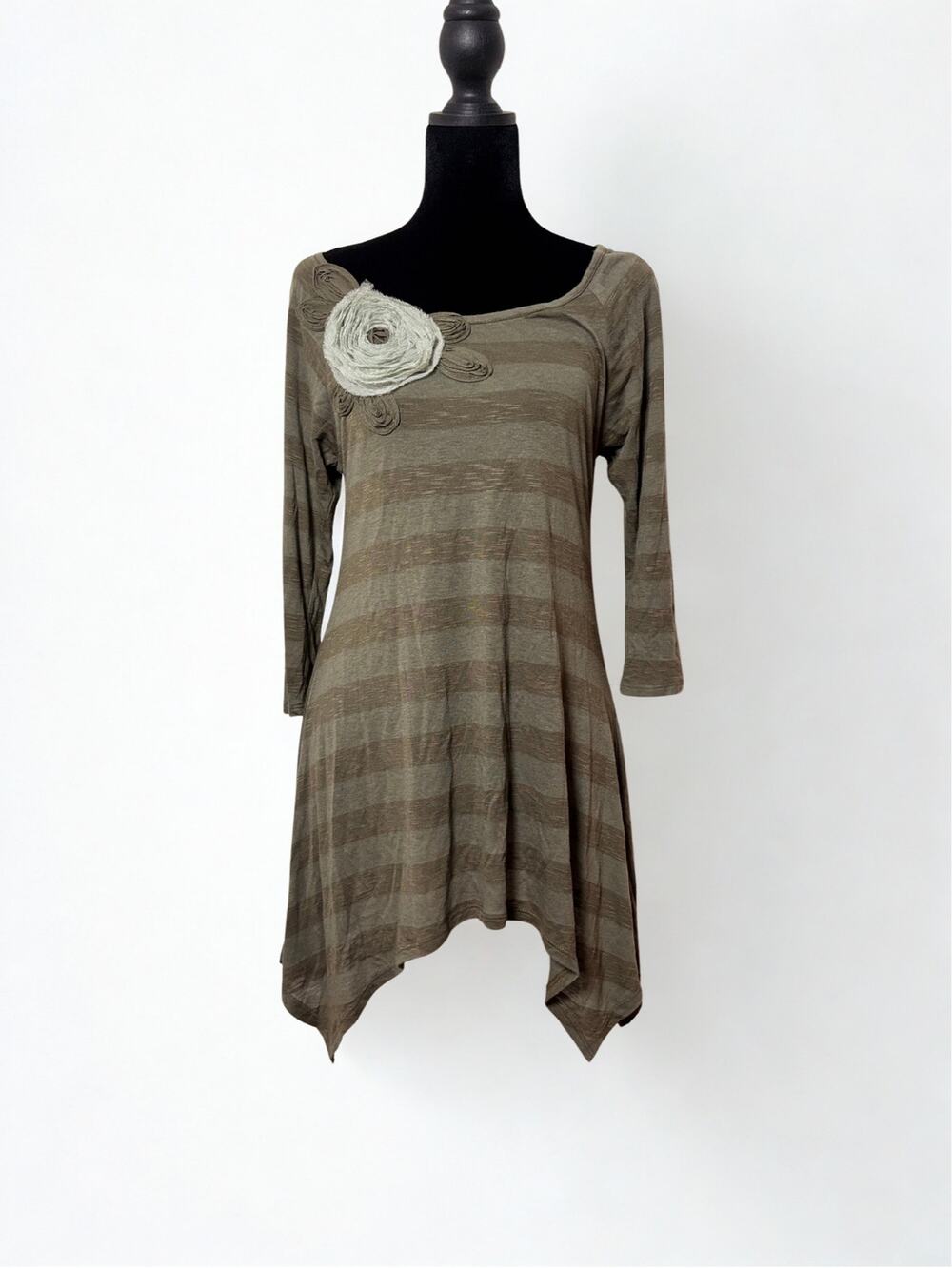 Vtg Y2K Mon Amie Olive Khaki Striped Tunic Rosette Applique Size S